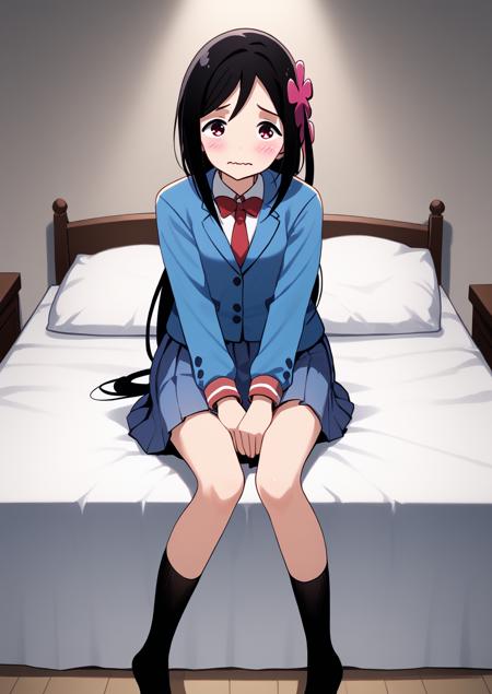 HitoBocchi, 1girl, solo, red eyes, long dark brown hair, side ponytail, hair flower ornament,  HitoBocchi, 1girl, solo, red eyes, long dark brown hair, side ponytail, hair flower ornament, school uniform, blue jacket, sky blue skirt, red bowtie, black socks, brown shoes,  HitoBocchi,  