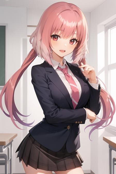 1girl, <lora:SeleneSS-000007:0.8>, selene,  skirt, school_uniform, necktie, twintails,  long hair, jacket, blazer, indoors, school, pink hair, gradient hair,