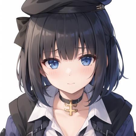 (masterpiece, best quality:1.2),illustration,8k,hd,1girl,solo,upper body,(portrait:1.2),acasta (azur lane),ankle boots,bangs,black belt,black choker,black footwear,black hair,black thighhighs,black skirt,blue bow,blue coat,blue eyes,blue hat,bow,buttons,choker,clothes writing,coat,collared shirt,cross-laced footwear,dress shirt,eyebrows,eyebrows visible through hair,hair bow,hat,heart choker,lace-up boots,large breasts,long sleeves,miniskirt,one side up,open clothes,open coat,pleated skirt,school uniform,shirt,short hair,skirt,thigh strap,white shirt,zettai ryouiki,<lora:Acasta(azur):0.8>,