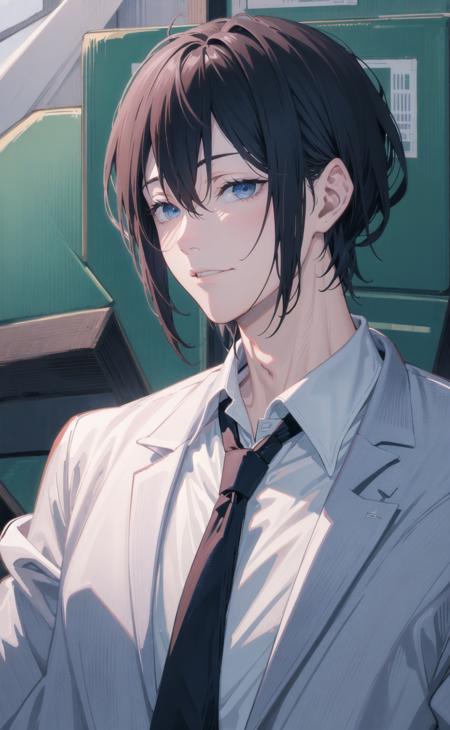 looking at viewer, 1boy, aki \(chainsaw man\), good anatomy, close up, upper body portrait, black hair, dark blue eyes, black jacket, black necktie