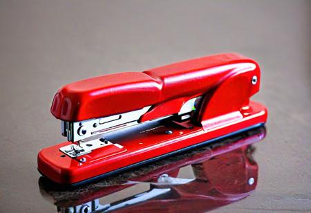 a red Swingline stapler, (best quality, 4k, photorealistic, HD, UHD, HDR)