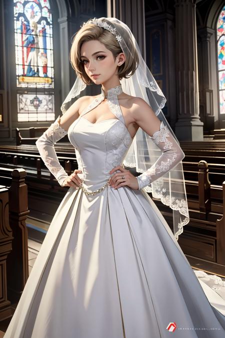 ((ultra detailed, masterpiece, best quality))
 <lora:MEACora:0.8>
MEACora, 1girl, solo, short hair, blonde hair, brown eyes, wearing a stunning wedding dress, bridal veil, inside a beautiful church, with hands on hips