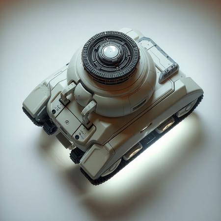 ((top view)), (tank),
Compact boxy tank with soft rounded edges and a rotating nanite field ring on top.
Chassis: Smooth pearl-colored plating grown from engineered minerals. Gentle concave hull lines simulate growth rings.
Tracks: Small caterpillar treads reinforced with self-healing mesh. Slightly translucent armor skirts.
Details: Repair drones dock into dorsal ring. Nanite discharge ports glow when self-repairing.
Lights: Constant soft white glow beneath tank; nanite ring pulses when active.