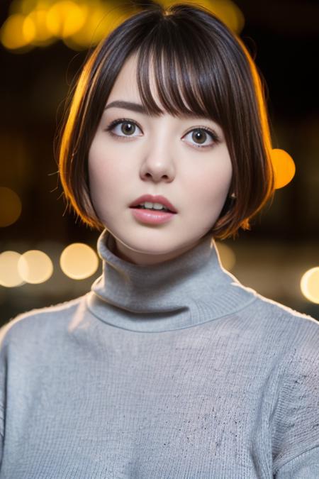 1girl,(wearing a turtleneck sweater:1.3),(RAW photo, best quality), (realistic, photo-realistic:1.4), masterpiece, an extremely delicate and beautiful, extremely detailed, 2k wallpaper, Amazing, finely detail, extremely detailed CG unity 8k wallpaper, ultra-detailed, highres, soft light, beautiful detailed girl, extremely detailed eyes and face, beautiful detailed nose, beautiful detailed eyes,cinematic lighting,city lights at night,autumn scenery,maple trees in autumn,at a park,perfect anatomy,slender,bokeh,body.surprised face,mouth open <lora:hanazawakanaV3_lora:0.8>,(very short and wavy and messy hairstyle),(dynamic angles)