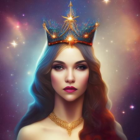 Oldjourney cosmic queen, ethereal woman with a crown on her head, head and shoulders portrait, fantasy art, star sky, star sky, face illuminated, sparkle, stars, cosmos, paticles