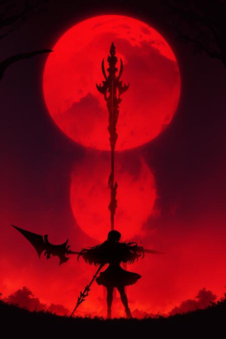 <lora:style shadow:1> ,1girl, silhouette, weapon, long hair, solo, moon, spear, gae bolg (fate), tree, polearm, red theme, full moon, sky, night, bare tree, from behind, holding, star (sky)