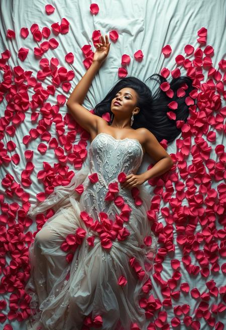 A woman lays on her back on a bed covered with rose petals Modern, 2020s, detailed cinematic shot from, realistic cinematic scene, full body overhead drone shot of showing detailed intricate work, shot in the style of Spike Lee and Ava DuVernay, oscar winning photography, striking image captures, meticulous attention, stunning costume design,