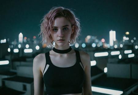 cyborg young woman, dark cyberpunk, highly detailed face, pale fragile delicate body, frizzy bob cut hair, (stylish haircut:0.9), wearing a tight stylish minimalistic futuristic open black hi-tech tactical techwear crop top with a few symmetrical cutouts, subtle cyberware, standing on a cyberpunk Japanese city rooftop at night, scenic view, cinematic scene, cinematic lighting, analog-style photo, grainy amateur lo-fi portrait photo, desaturated colors, (low contrast), distracted, b-cup breasts, eyeliner, (eyeshadow:1.1), shy, blushing, raw photo, phone photo, 3/4, (upper body portrait shot), medium shot, accidental art, candid, crisp image, high detail, (eyebags:0.7), (chromatic aberration)