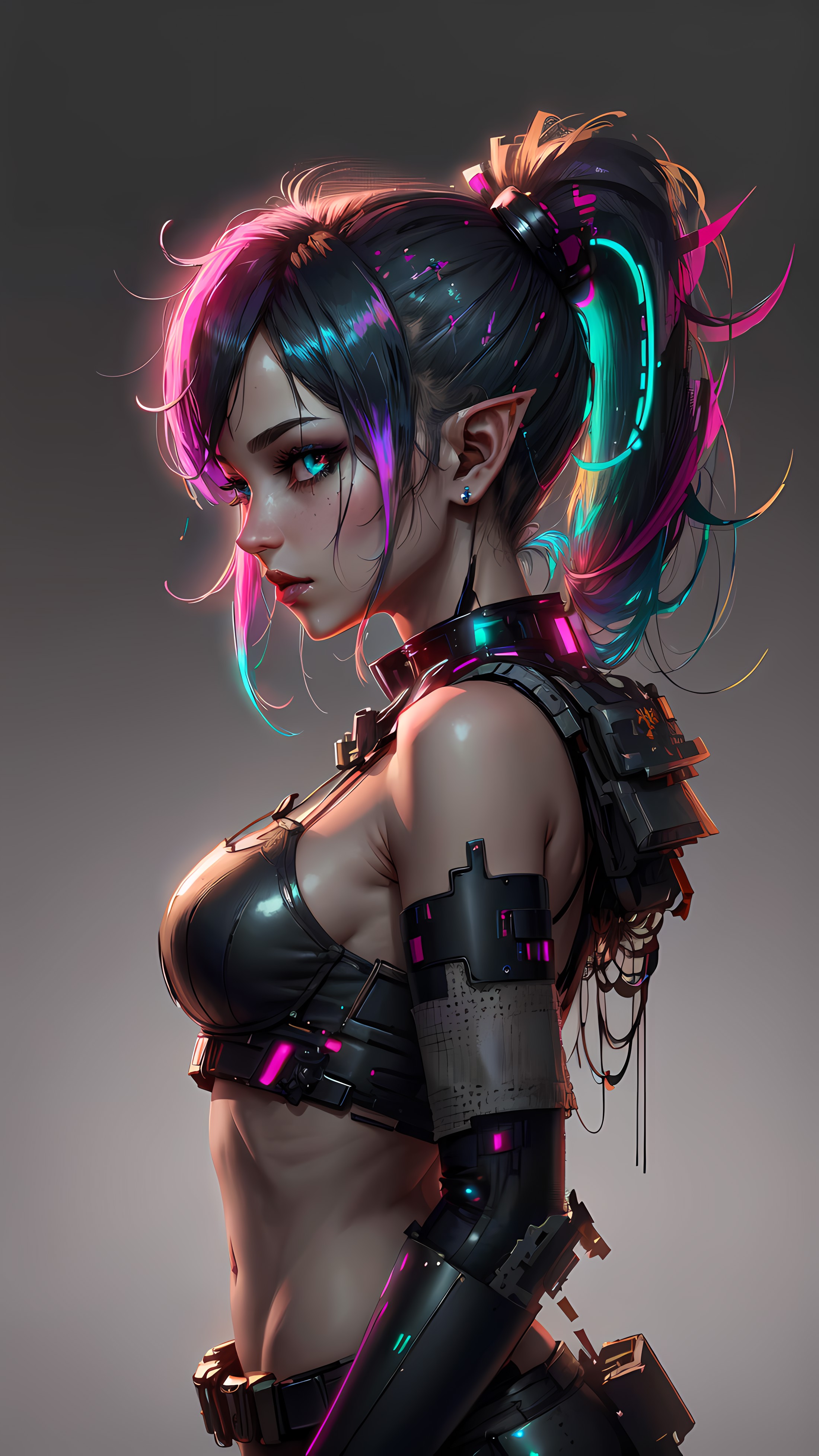 <lora:CyberPunkAI:0.8> CyberpunkAI, neon, 1girl, Elf, pointy ears, multicolored eyes, multicolored hair, ponytail hairstyle