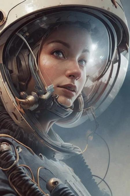 masterpiece, ultra high resolution, 3/4 view, (close-up:1.5), a woman in a space suit with a helmet on mars, space explorer, sovietpunk, breathtaking background, fantastic scenary, connected with wires to metallic orbs, elegant pose,