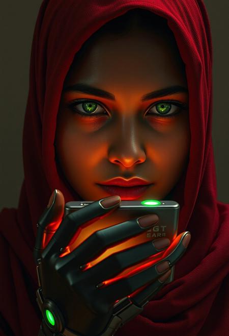 Photorealistic cyberpunk close-up portrait using the framing, posture, and earthy tones of the Afghan Girl photograph. A Muslim teen woman with smooth dark skin, rounded face, and intense green cybernetic eyes that glow faintly in the dark. Her hijab is deep red, textured, and slightly worn, draped loosely over her head and shoulders.
She holds a small futuristic handheld computer in front of her, translucent and glowing, etched with faint text. The device is softly illuminated, casting reflections on her brushed-metal cybernetic hand, shaped perfectly like a natural human hand.
Background remains minimal and painterly like the reference, but faint cyberpunk details appear: subtle neon reflections on the fabric, a suggestion of futuristic technology blending into the traditional color scheme. Her piercing eyes, rounder face, and fuller lips are emphasized, with makeup complementing the red hijab and the vivid green glow of her cybernetic eyes.”
⸻
Style Keywords
photorealistic, ultra-detailed, cinematic cyberpunk, Afghan Girl framing, earthy red tones, worn textured hijab, translucent futuristic handheld computer, etched glowing text, brushed metal cybernetic hand, piercing green cybernetic eyes faint glow, smooth dark skin, full lips, atmospheric realis