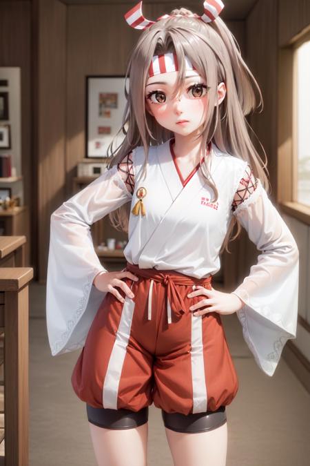 zuihou, high ponytail, headband, hachimaki, japanese clothes, wide sleeves, muneate, shorts zuihounewyear, high ponytail, headband, hachimaki, japanese clothes, red kimono, wide sleeves, sash, obi