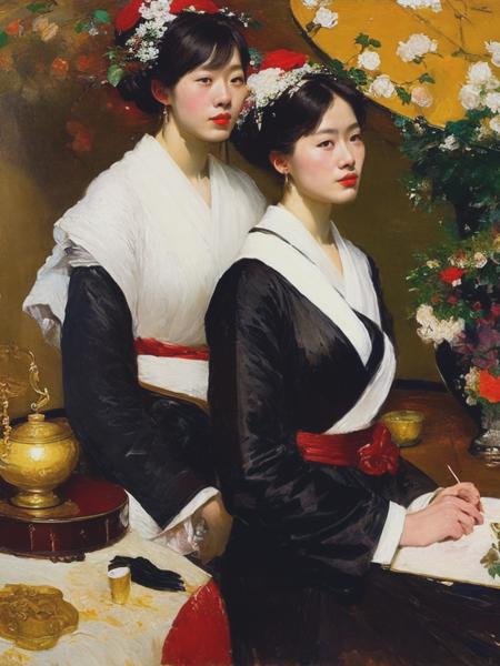 <lyco:WilliamMerrittChase:1.0> a very messy, impasto oil painting portrait of two very elegant, very beautiful Japanese women and a still-life by both John Singer Sargent and Frank Brangwyn