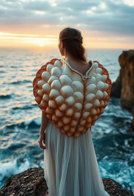 A young woman gazes out from the edge of a cliff, wearing an enormous shell breastplate that seems to have been carved by the sea itself. The shell's surface is reflective, catching the light from a distant sunset. Her gown flows like water around her legs, and the ocean below churns with powerful waves.