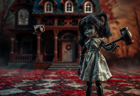 The grimdark image depicts Cursed Twin Dolls in a fascinating full-body pose, showcasing a blend of black and white colors against a vivid Cursed Dollhouse background. The dolls, positioned towards the right, exhibit unique features - the left doll has a large head with a camera, while the right doll has a smaller head with a doll hammer. Their black limbs contrast with their white bodies, and their dynamic poses add movement to the scene. The Cursed Dollhouse in the background offers depth and perspective. The image, presented in 4K and exceptional quality, highlights the lifelike details, sharp lines, and stunning colors, with a focus on the dolls' facial features and clothes. This captivating scene is rendered with Octane Render, using Raphael style, and is trending on Artstation.