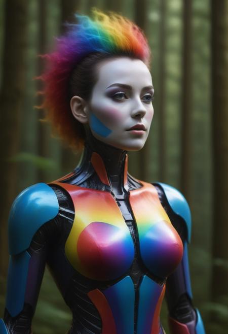 Ultrarealistic. sharp focus, dynamic lighting. play of light, reflection, refraction, Raytracing, Ultra detailed. A gorgeous female robot made of rainb0w in a mystical forest.
