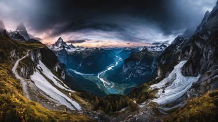 RAW Proffesional Photography of a landscape, Bird's-eye view, (Random: Day | Night:1.0), (birds:0.1), (waterfall:0.1), (Swiss Alps:0.1), (Matterhorn:0.1), Tropical dry forest, (snowy:0.1), (Stars:0.1), Stormy, Frontal fog, psychedelic, entropy, shallow depth of field detailed background, dark noir style, HDR, RAW, ray tracing reflections, sharp focus, ultra realistic, 12k  <lora:add-detail-xl:1>