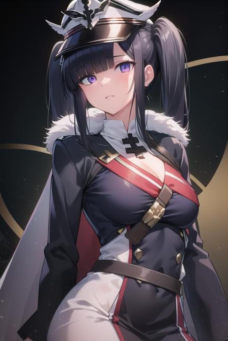 peterstrasser, <lyco:peterstrasser-lyco-nochekaiser:1>,
peter strasser, black hair, hair over one eye, long hair, one eye covered, (purple eyes:1.1), twintails,
BREAK armored boots, black coat, black footwear, black ribbon, boots, buttons, cape, coat, fur trim, fur-trimmed cape, gloves, hat, high heels, military hat, peaked cap, red cape, ribbon, stiletto heels, white gloves, white headwear,,
BREAK looking at viewer,
BREAK indoors,
BREAK <lyco:GoodHands-beta2:1>, (masterpiece:1.2), best quality, high resolution, unity 8k wallpaper, (illustration:0.8), (beautiful detailed eyes:1.6), extremely detailed face, perfect lighting, extremely detailed CG, (perfect hands, perfect anatomy),