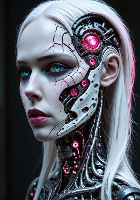 score_9, score_8, score_7, a striking portrait of a female figure with a split face. The left side of the face appears human, with pale skin, light blue eyes, and long white hair. The right side is a mechanical, cyborg-like structure with cracked, dark metallic surfaces and glowing pink elements, including a vivid pink eye. The contrast between the organic and mechanical halves is emphasized by the intricate details and vibrant colors. The background is dark, enhancing the dramatic effect of the glowing elements. The overall composition is centered, with the subject's gaze directed forward, creating an intense and captivating visual impact.<lora:lora\Derelict_Faces_e31.safetensors:0.8:0.8>