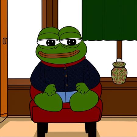 <lora:pepe_frog_v2:0.6> (pepe_frog) sits in a cozy room with a (post-Soviet entourage) on a chair, covered with a warm plaid. Outside the window is a winter evening.