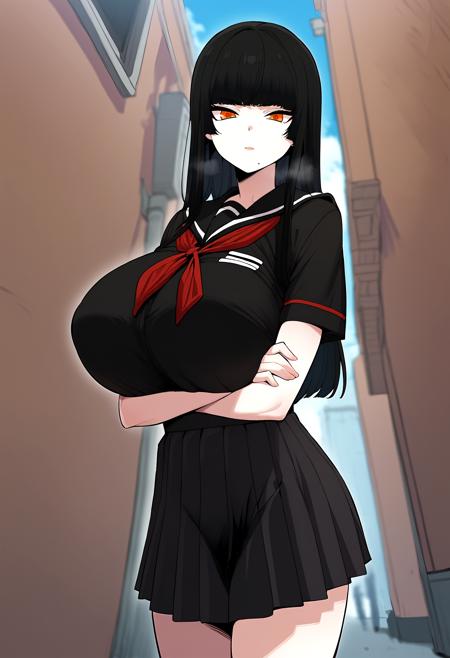 black hair, long hair, orange eyes, hime cut, blunt bangs, (mole under mouth:0.8) school uniform, black serafuku, short sleeves, black shirt, black sailor collar, red neckerchief, black skirt, pleated skirt