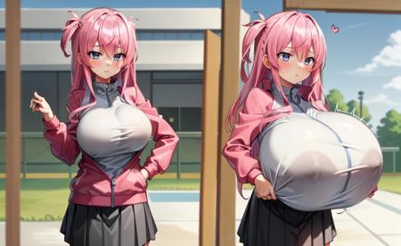 masterpiece, best quality,1girl, pink hair, blue eyes, long hair, one side up, bangs, hair between eyes, pink jacket, track jacket, pleated skirt, grey skirt, <lora:breast_expansion:0.6>, (breast expansion:1.2), huge breasts, zip