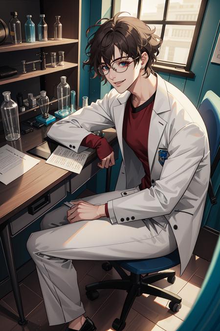 masterpiece, best quality, 1 male, adult, tall muscular, handsome, complicated laboratory, mad scientist, messy hair, forehead, glasses, wooden wall, desk full of junk, test tube, bottles, Window, sit on chair, hold test tube, evil smile, from side|from above