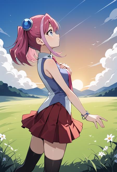 aayuzu, multicolored hair, pink hair, short twintails, hair ornament, blue eyes, small breasts, pink necktie, sleeveless shirt, multicolored shirt, bracelet, pleated skirt, red skirt, black thighhighs