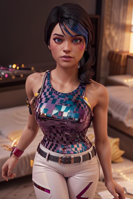 <lora:VRAMsSparkle:0.65>, xyzsparkle, 1girl, solo, looking at viewer, beautiful, masterpiece, 3d model, cycles render, makeup, portrait, disco pattern, multicolored hair, bare shoulders, white pants, eye shadow, belt