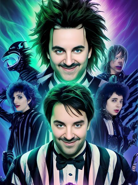 tarot card, 80s movie poster, Alex Brightman as Beetlejuice, male_focus ,wild neon green hair , trending on artstation,  rim lighting, octane rende,r frost engine 3 ,deetz1