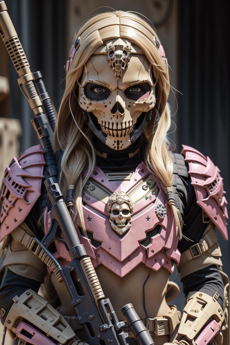 Woman in a skull mask and bone face paint holding a gun.