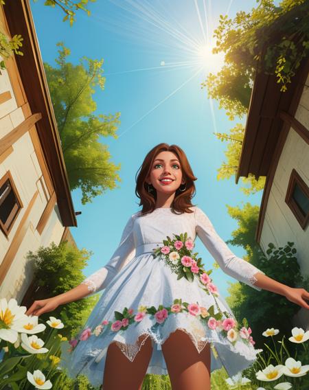 Faith,green eyes,brown hair,
white dress,long sleeves,light smile,
outdoors,flowers,country,from below,
standing,
(insanely detailed, masterpiece, best quality),<lora:FaithSeed:0.8>,