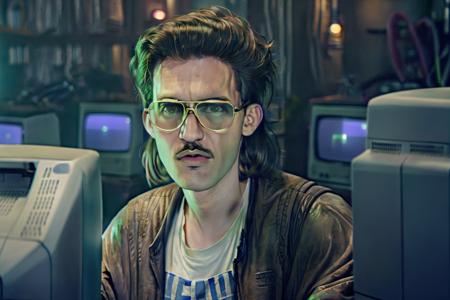 H4ck3rm4n, a picture of hackerman sitting behind a CRT screen facing the camera, looking at the CRT screen amazed, green glow glasses reflection, with a mullet haircut, moustache, wearing glasses and a brown leather jacket, simple bokeh backdrop