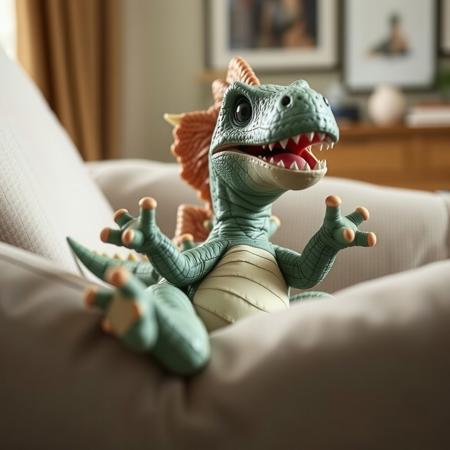 cute dynosaur laying on the sofa with his hands up