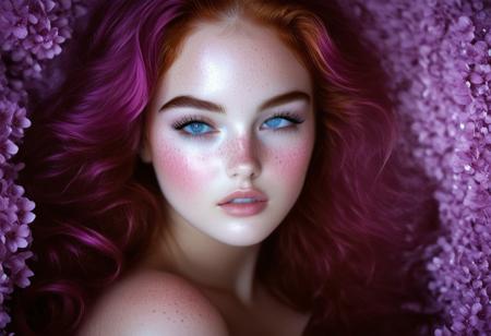 This is a high-resolution, highly detailed photograph of a young woman with an ethereal, dreamy quality. She has light, creamy skin and striking, piercing blue eyes that are wide open, gazing directly at the camera. Her face is covered in tiny, sparkling snow specks, likely a makeup effect, which adds a magical, otherworldly glow to her appearance. Her skin is dotted with freckles, particularly prominent on her nose and cheeks. 
Her long, wavy hair is a vibrant, neon purple, cascading down her shoulders, and adored with tiny lilac blossoms blending into her surroundings.rockabilly style, 1girl, freckles, solo, flower, looking at viewer, pink hair, pink flower, long hair, eyelashes, portrait, 1950's