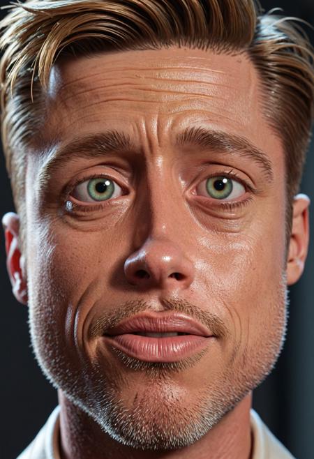 a funny caricatured face of Brad Pitt, cute big circular reflective eyes,
color corrected, 3d, cartoon, futuristic retro, Pixar render, unreal engine,
cinematic smooth, intricate detail, 8k resolution concept art