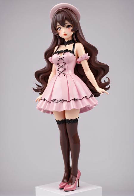 1girl, (asian:1.25) girl, figurine, anime style, dark brown hair, detailed hair, volume hair, radiant eyes, realistic, pretty face, detailed lips, glossy skin, simple background,  pink gothic dress, stockings, high heel pumps, 