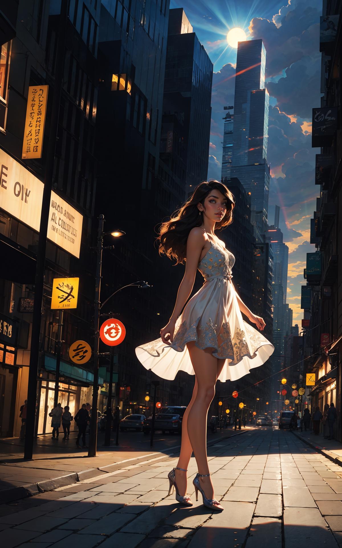 A woman in a white dress walking down a city street at night.