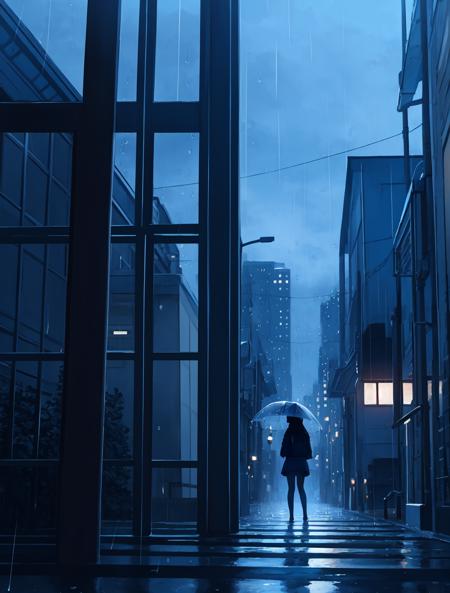 phblue, scenery, no humans, landscape,  (masterpiece,best quality:1.4), blue theme, city, dusk, 1girl, rain,cowboy shot, close up, <lora:bluestyle-000005:0.5>,