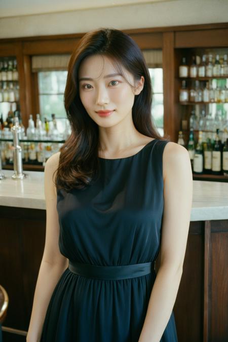 (HD, masterpiece, best quality, hyper detailed, ultra detailed, super realistic),A cinematic photograph features Harin, a 22-year-old Korean woman who stands tall at 1.3 meters with a slim physique and a small bust. She embodies elegance with her round face and rosebud lips. Harin prefers a natural look, typically wearing no makeup, allowing her long, dark brown hairâfalling in natural waves to the middle of her backâto frame her face beautifully. She is dressed in a simple yet elegant black silk dress that gathers just below her bust and falls freely in graceful folds to the middle of her thighs. Standing at a bar, she waits with an expectant smile, a tall glass of fruit juice in front of her. The soft, natural light streaming in through a nearby window enhances the scene, illuminating her features and the delicate fabric of her dress. The photograph is captured with a 35mm film effect, resulting in a professional, highly detailed 4K image that emphasizes her sophisticated demeanor., green eyes, blue eyes, brown eyes, perfecteyes, jpn-girl, Movie Still, Film Still, Cinematic, Cinematic Shot, Cinematic Lighting, SDXL Hands XL + SD 1.5 + FLUX.1-dev<lora:SDXL PerfectEyesXL.safetensors:0.7000000000000001:0.7000000000000001> <lora:SDXL japanese_girl_v1.1.safetensors:0.7000000000000001:0.7000000000000001> <lora:SDXL Juggernaut Cinematic XL LoRA.safetensors:0.7000000000000001:0.7000000000000001> <lora:SDXL Hands XL + SD 1.5 + FLUX.1-dev.safetensors:0.7000000000000001:0.7000000000000001>