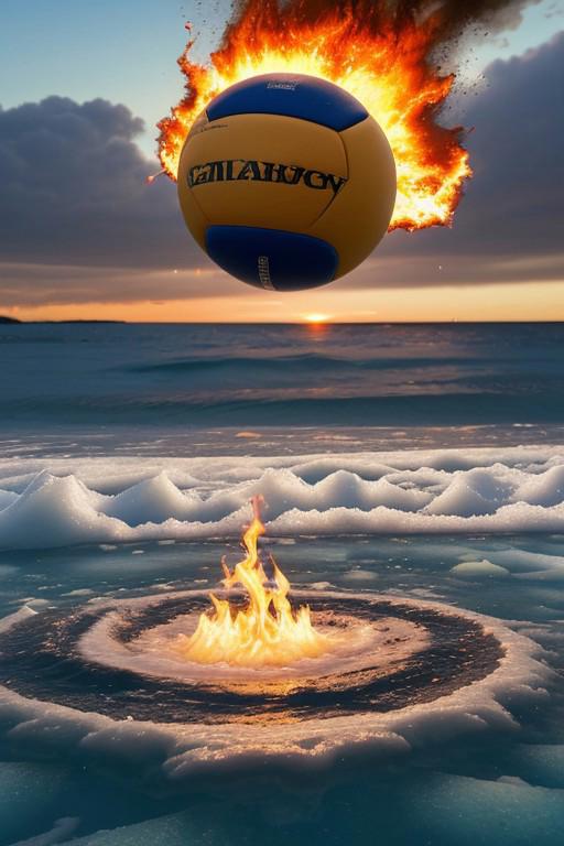 Create a scene of a vibrant beach volleyball court at sunset, where a multicolored volleyball is at the center. (((The ball is engulfed in dynamic, swirling flames on one side and icy blue water energy on the other, as if the elements of fire and water are battling for control. )))The beach sand and waves are in motion, with the ball floating above, showing both flames and water flowing outward. In the background, the volleyball net is slightly swaying in the wind, and the sunset reflects off the water. Everything in the scene, from the ball to the waves and fire, should appear dynamic and alive with energy.