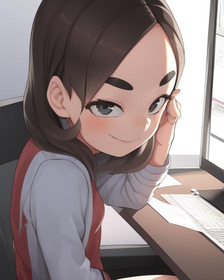 <lora:Yamamoto:0.9>
a girl with forehead and bushy eyebrows sitting at a computer smiling smugly because she's trolling n00bs again