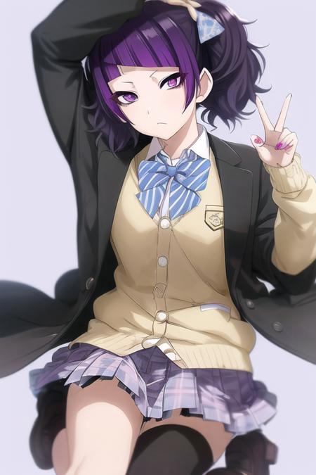 mamimi tanaka, purple hair, solo, skirt, purple eyes, green jacket, jacket, twintails, pleated skirt, diagonal bangs, bangs, white background, shirt, bow, short twintails, simple background, school uniform, bowtie, white shirt, blue skirt, looking at viewer, blue bow, blush, nail polish, purple nails, long sleeves, blue bowtie, closed mouth, collared shirt

 <lora:shiny-sd1-v1:1>