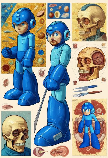 A masterpiece of sci-fi style created by the collaboration of Vincent Van Gogh. Megaman as the main objects is sliced at intervals along a diagonal, with each interval featuring its dissection for Scientific and anatomy Research, The overall mood should be one of a Dissection of a Scientific Research. It's like something in the style of science fiction.Rockmegamen,HD32K, hyperdetailed, best quality, aidmaMJ6.1.