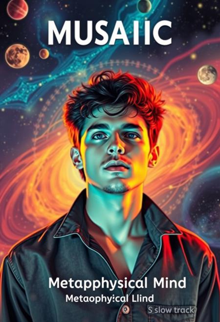 high quality design aesthetics, Seventies Psychedelic 70's space album cover, dynamic, colourful, slow track, melancholic, young white man, artist name "MUSAIC",  melancholic, album title "Metaphysical Mind"