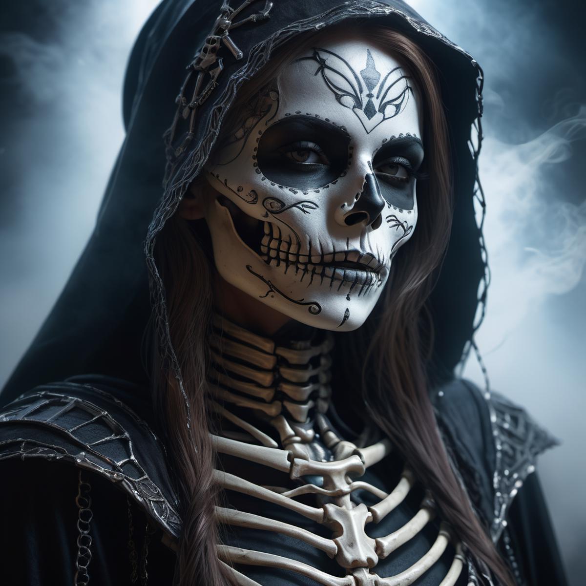 A woman wearing a skeleton makeup and a black hooded robe.