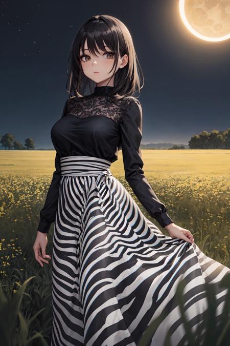 best quality, 1girl, looking at viewer, detailed, zebra print, dress, long skirt, standing in a field, dark colors, night, eclipse