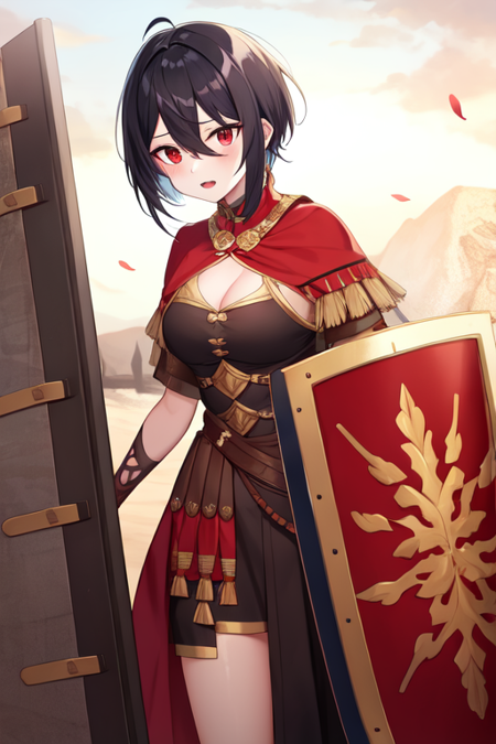 ancient roman clothes, red eyes, sheathed, braid, cleavage, open mouth, hair between eyes, short hair, shield, black hair