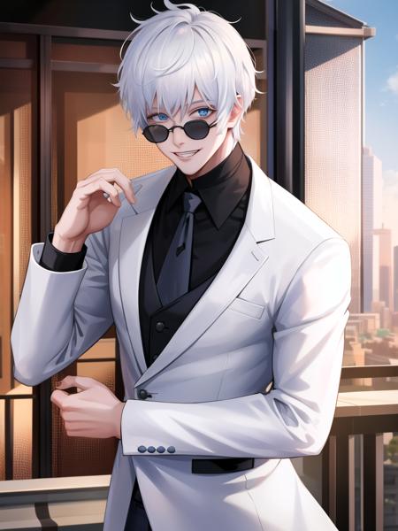 <lora:gojo-000010:0.7> ,  1boy, Gojo, a man with white hair and black round sunglasses, posing for a picture, black business suit, black tie, blue eyes, smirking, teeth visible, cowboy shot  , (masterpiece:1.4),(best quality:1.4),(shiny skin),realistic, east asian architecture background,  detailed eyes, detailed face,