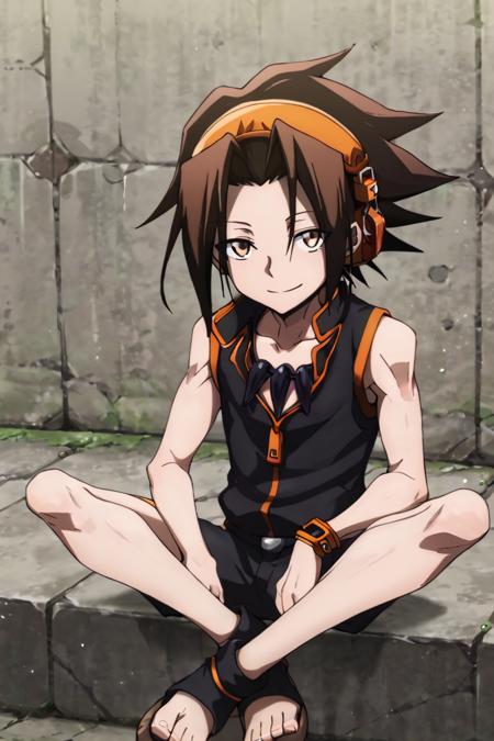 Asakura Yoh,brown hair, brown eyes, headphonese spiked hair medium hair Ponytail Necklace,jewelry White shirt, open shirt, green pants, Black shirt,sleeveless,black pants Black shirt,sleeveless,shorts Japanese clothes,kimono, Headphones around neck wristband